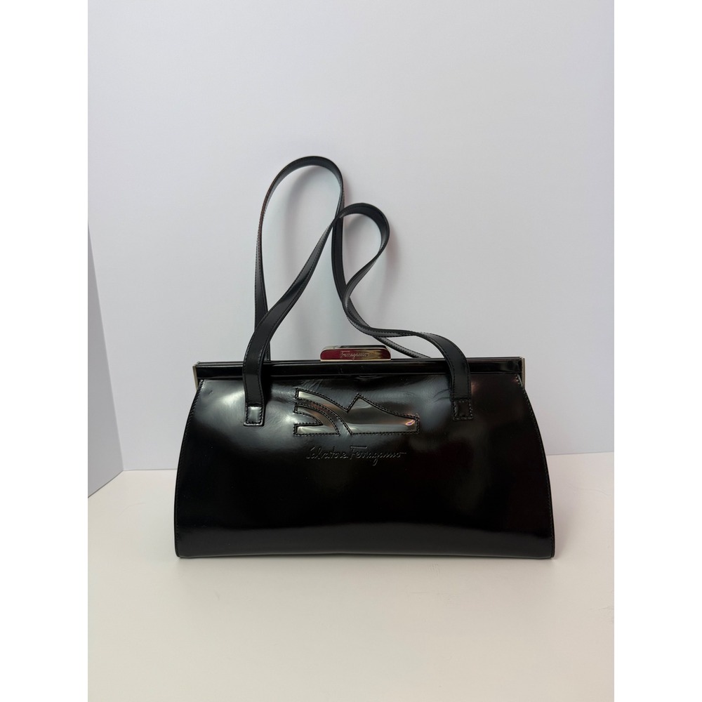 Salvatore Ferragamo Black Patent Leather Frame Bag Vintage Shoe Logo BV-216760